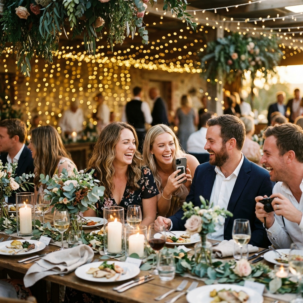 Invitados capturando momentos en una boda